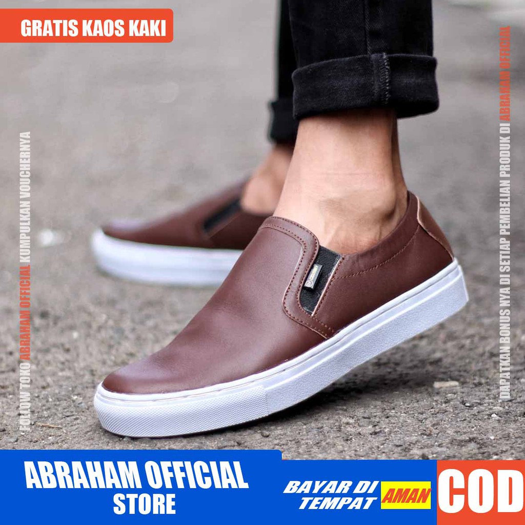 ABRHM x MORI Sepatu Slip On Pria Sepatu Pria Casual Sepatu Cowok/Cowo Kulit Asli Ori Sepatu Kasual Slop Anti Slip Semi Formal Kerja Kuliah Gaya Santai Keren Kekinian Original Murah Terlaris