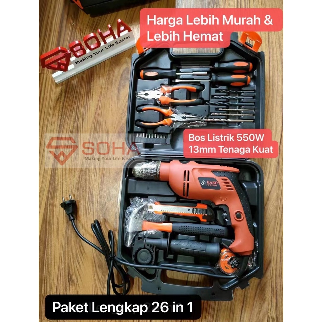 ART-038 SOHA Bor Listrik Paket Lengkap 26 Pcs Box Kotak Alat Perkakas Bor Listrik Mata Bor &amp; Palu Obeng Tools Mekanik &amp; Rumah Tangga