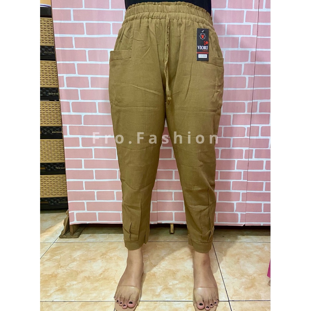 Celana 7 9 Wanita Willow Pants Bahan Crinkle Pinggang Karet