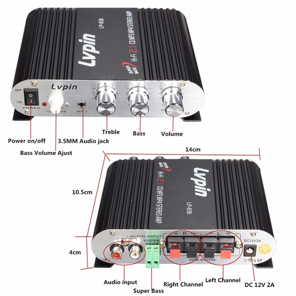 Mini HiFi Stereo Amplifier Treble Bass Booster 12V 200W