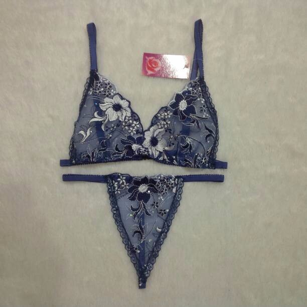 Bra Set Transparan Biru Bunga Putih 8372