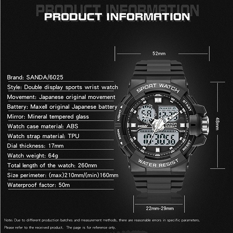 SANDA 6025 Jam Tangan Pria Digital Analog Dual Time Tali Rubber Chronograph Shockproof Anti Air WATCHKITE WKOS