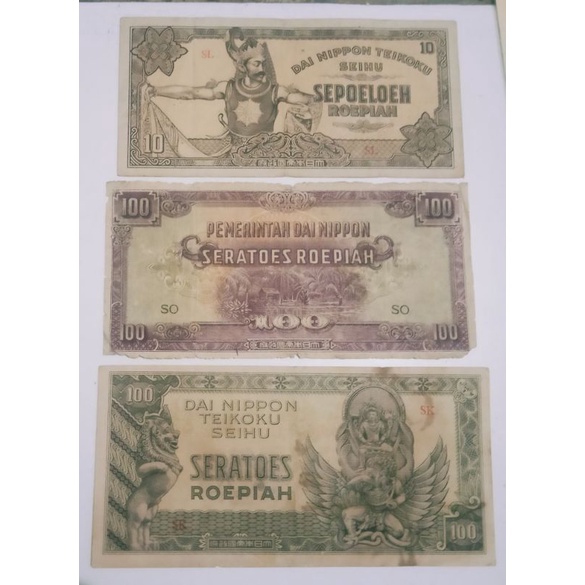 Kertas Uang Dai Nippon 10,100 Dan 100 Rupiah Kerbau 1942