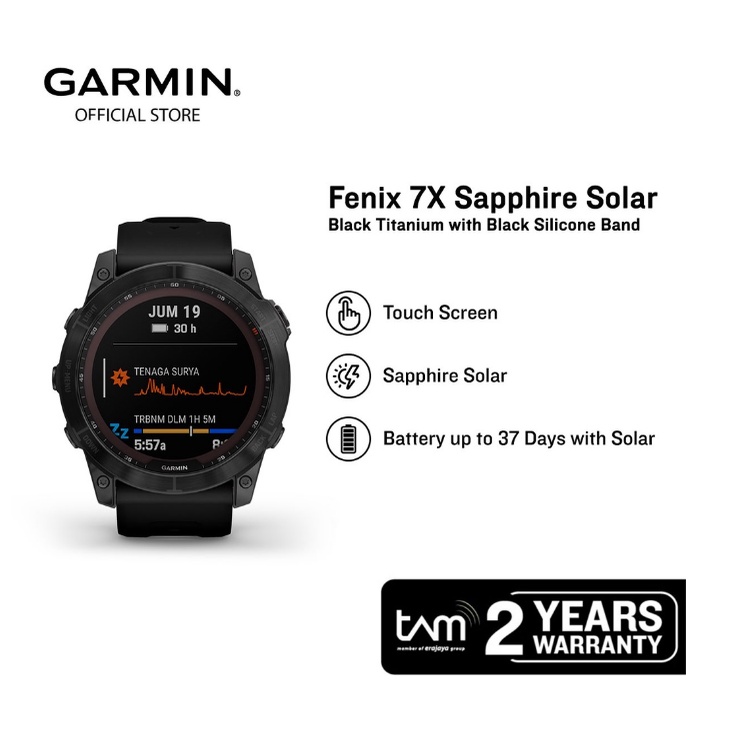 Garmin Fenix 7X Shapire Solar Black Titanium With Black Silicone Band Garmin Fenix 7 X Garansi Resmi 2 Tahun