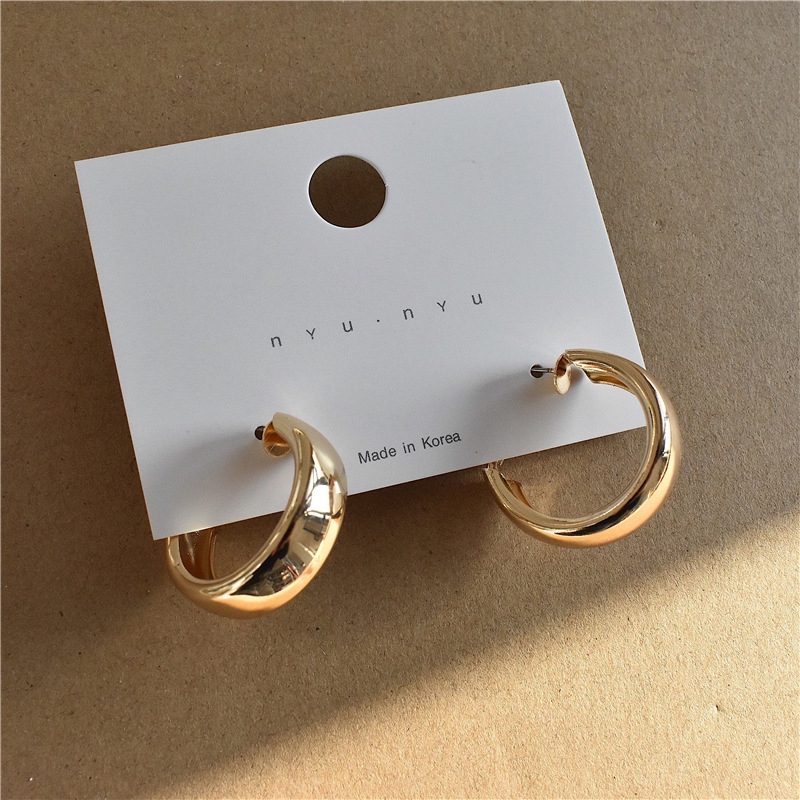 S925 Jarum Perak Oval Chunky Hoop Earrings Emas / Perak Padat Terbuka Hoops Logam Huggie Stud Earrings