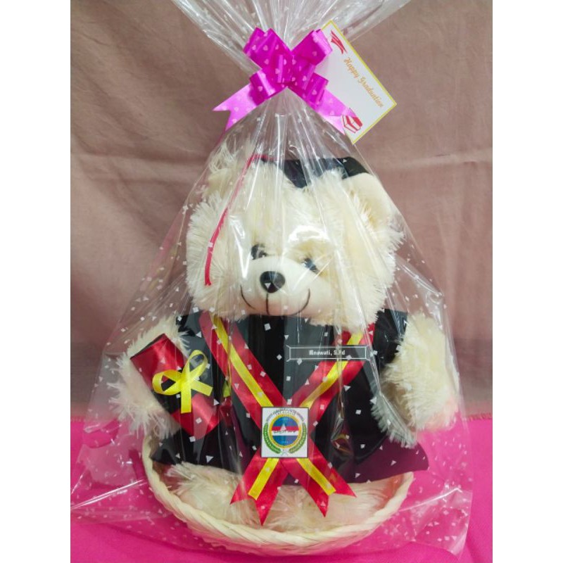 Leeopard 30 Cm Kado Boneka Wisuda Beruang Teddybear Pakai Keranjang , Selempang , Kotak Mika Plastik