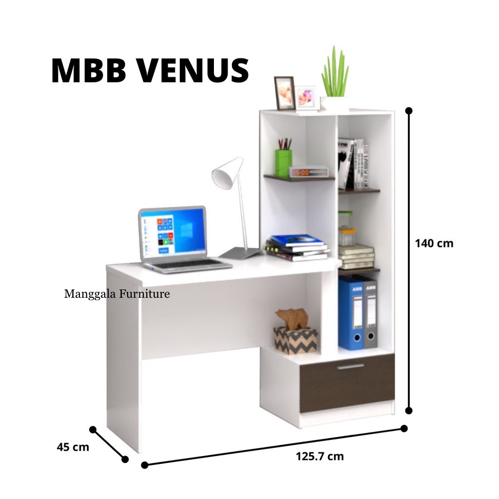MEJA BELAJAR MEJA TULIS MEJA KERJA LEMARI BUKU MINIMALIS FULL PUTIH MBB VENUS