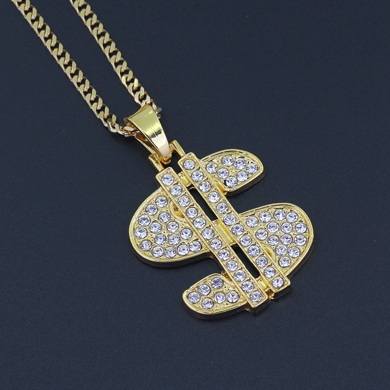 Kalung Liontin Desain Tanda Dollar Warna Emas Aksen Berlian Gaya Hip Hop Untuk Pria
