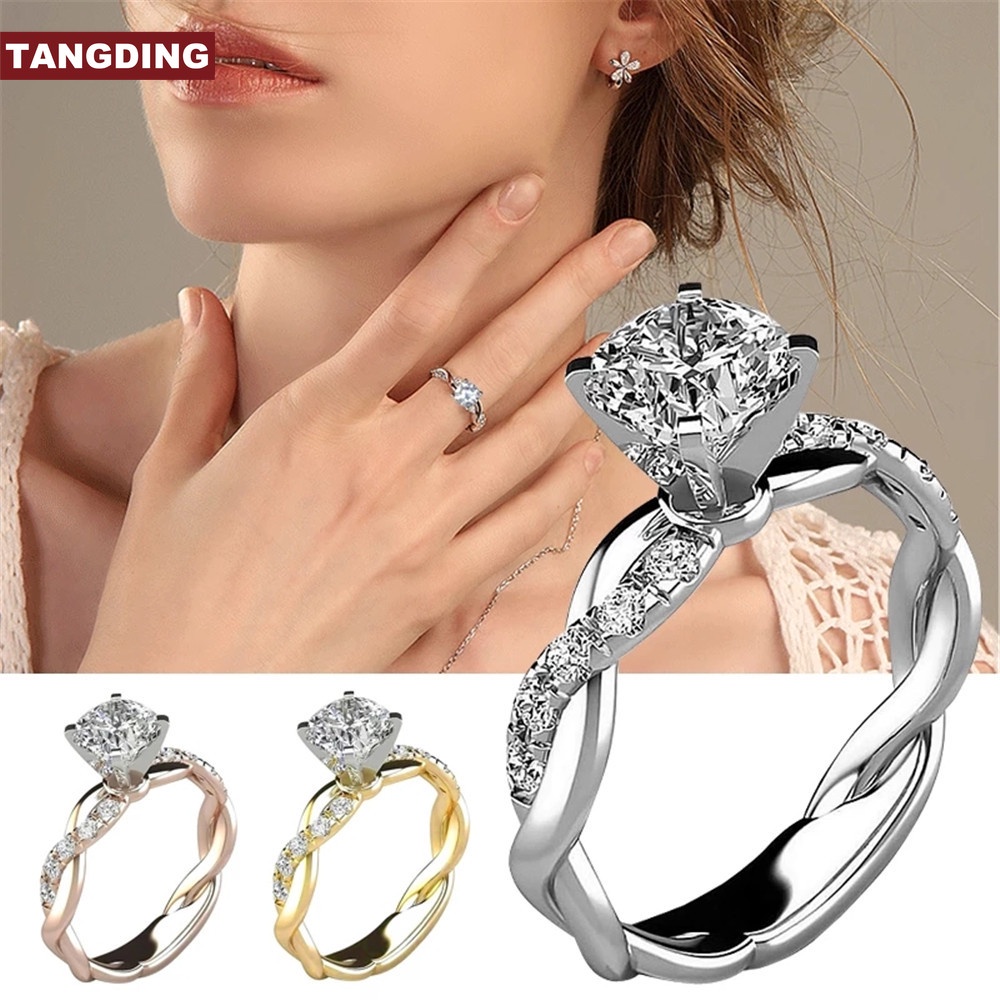 【COD Tangding】6-10 Size Three Color Princess Square Diamond Ring Cross Twist Diamond Set Ring