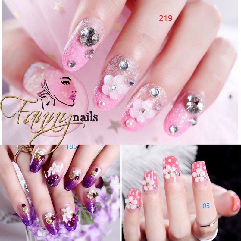 24PCS PINK PURPLE WEDDING 3D FLOWER FAKE NAILS KUKU PALSU PERNIKAHAN PINK BUNGA 3D RHINESTONE