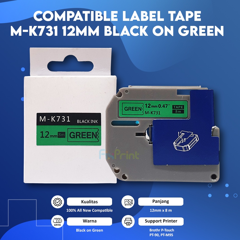 Compatible Label Tape M-K731 12mm Black On Green, Casette MK 731 12mm x 8mm Printer Brothr P-Touch PT-90 PT-M95