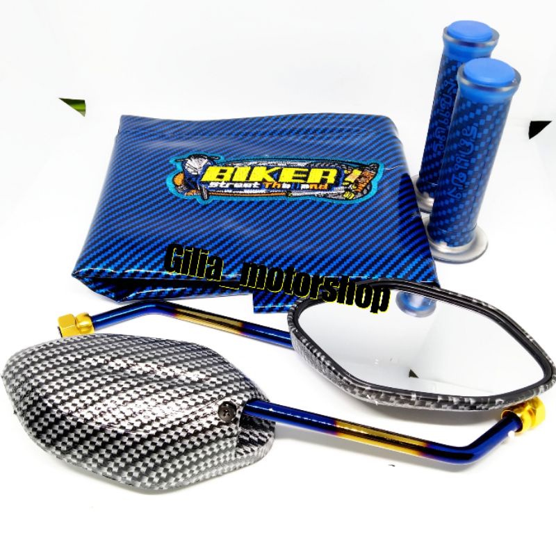 Spion karbon Twotone Honda plus Handgrip karbon biru plus kulit jok standar karbon (paket)