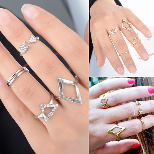 Hu Hu Hu Hu Hu Alat Bantu Pasang Kacamata♡ 5pcs / Set Cincin Buku Jari Aneka Bentuk Warna Silver Gaya Boho Untuk Wanita