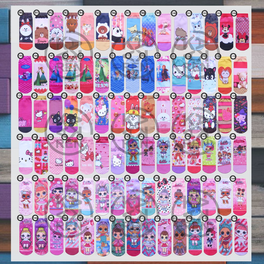 Kaos Kaki Printing Anak Karakter Frozen, Hello Kitty &amp; Bear G