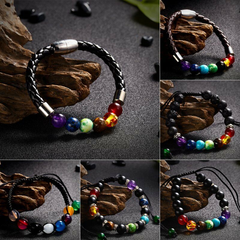 Gelang Manikmanik Batu Lava Vulkanik 7 Chakra Handmade Untuk Meditasi Penyembuhan