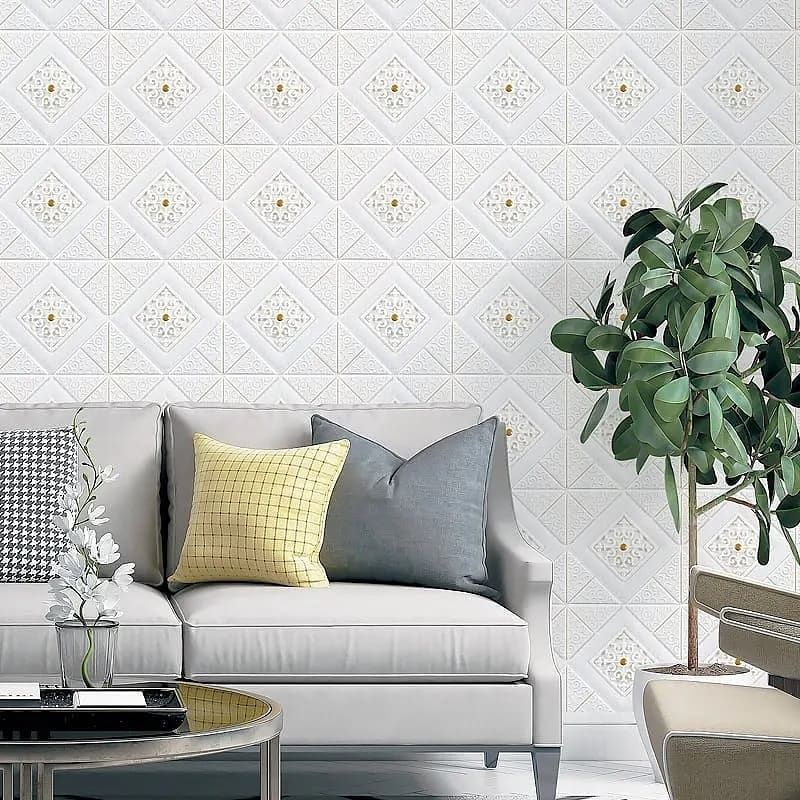 wallpaper foam premium plafon dinding motif batik putih kristal permukaan timbul