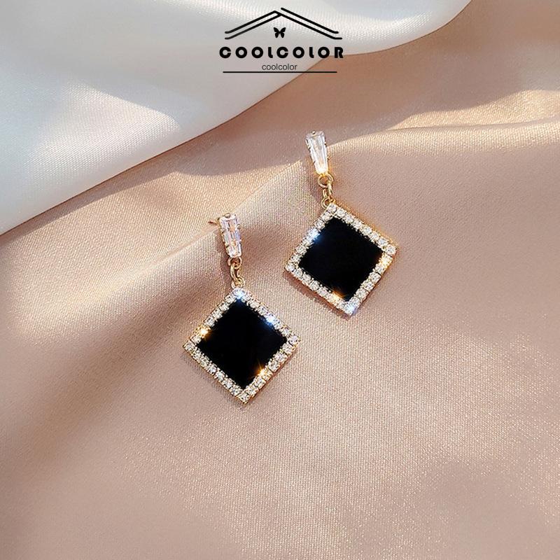COD❤️1 Sepasang Anting Perak 925 Pejantan Pejantan Geometris Berlian Hitam Wanita Aksesoris Fashion Mewah Korea