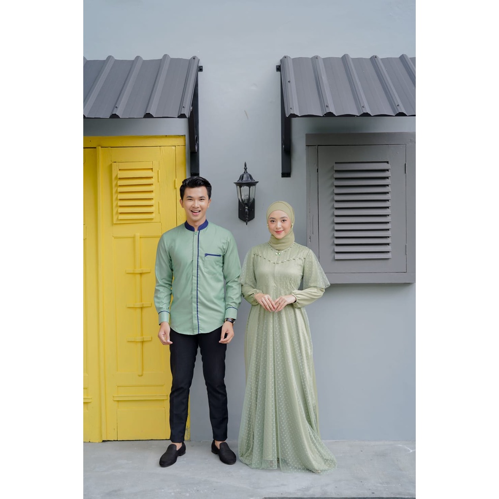 SET COUPLE LEBARAN ALMEERA RAYA HIJAU SAGE (KEMEJA DAN DRESS ALMEERA)