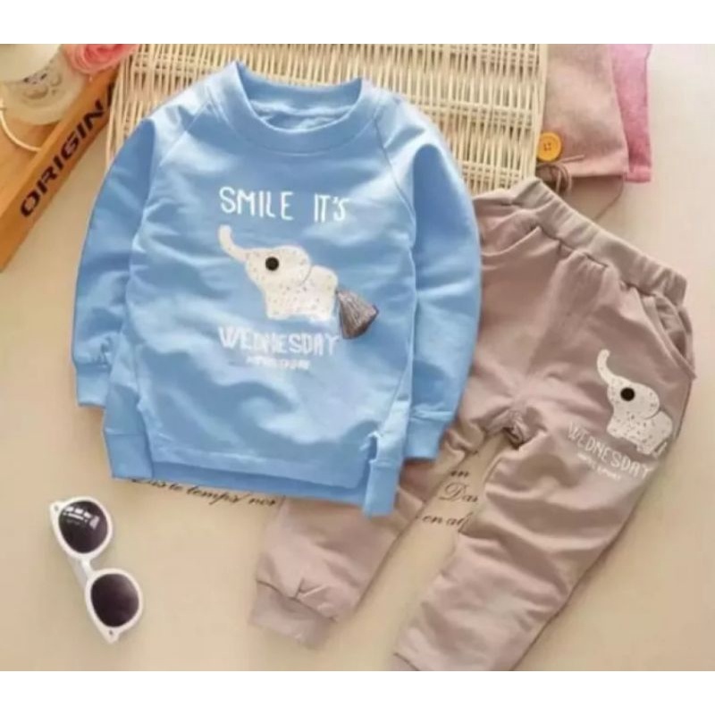 SET Flecce/Setelan Sweater Anak Pakaian Baju Bebytery Anak Smile Motif Gajah