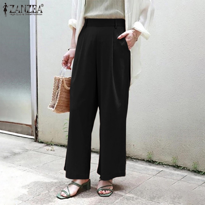 ZANZEA Women Fashion Solid Color Casual High Waist Wide Leg Long Pants