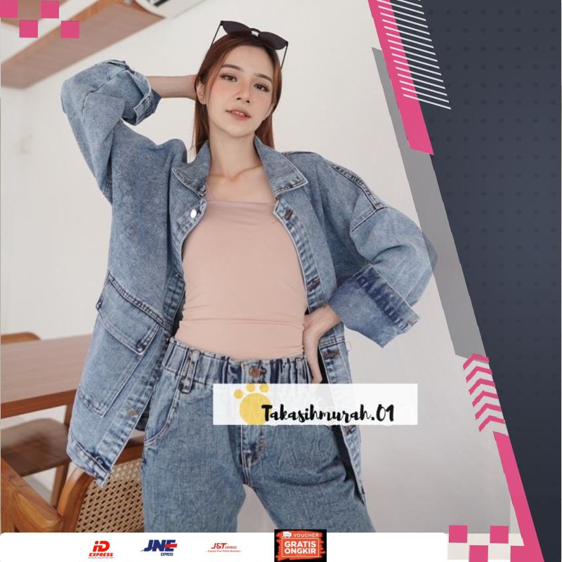 FLO NAMIRA JAKET JEANS OVERSIZE JUMBO WANITA - Jaket Saku Denim Besar Wanita Korea