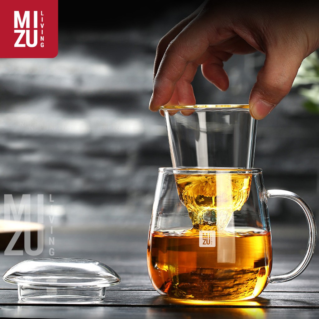 MIZU THEIERE Glass Infuser Tea Cup 650ml Cangkir Teko Teh Kaca Dual Fungsi