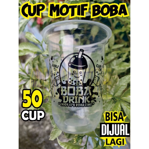 Premium (Mount) gelas cup plastik MOTIF BOBA 14oz 16oz 18oz 22oz oval datar/ cup boba / sedotan boba