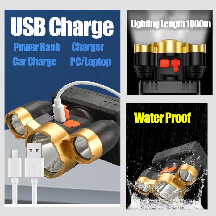 Senter LED lampu kepala senter camping 3 Lampu usb charge Super Terang / Senter Led Super Terang / Senter Led Kepala / Senter Led Kepala Super terang jarak jauh / Senter Kepala 5 LED Super Terang USB Rechangeable Waterproof Anti Air 45w 4Mode Cahaya Putih