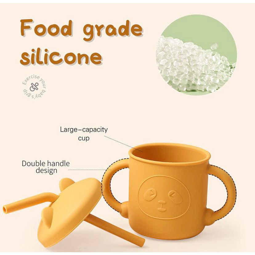 Premium Gelas Minum Bayi Plus Sedotan Silikon Anti Pecah Cup Set With Straw and Lid Training Cup Silicone