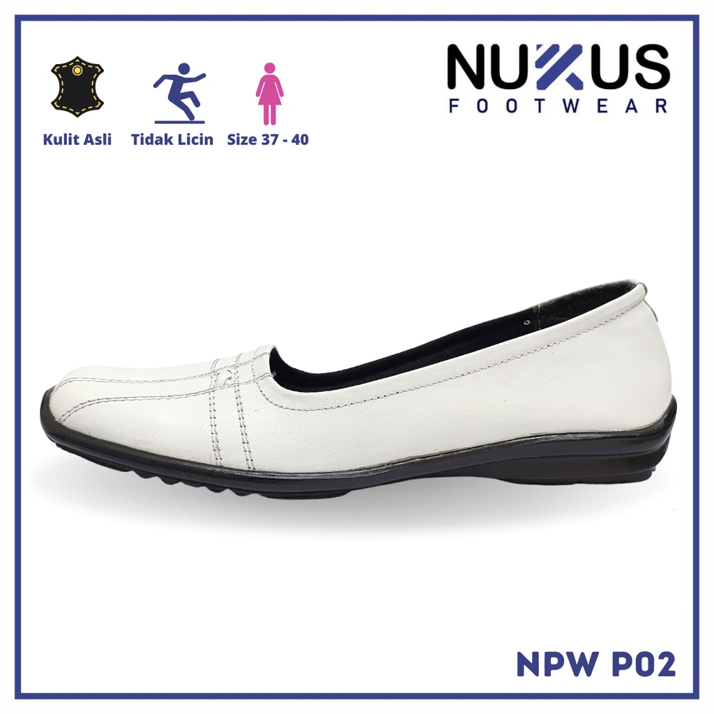 Nukus Sepatu Pantofel Flat Putih Wanita Kulit Sapi Asli - NPW P02