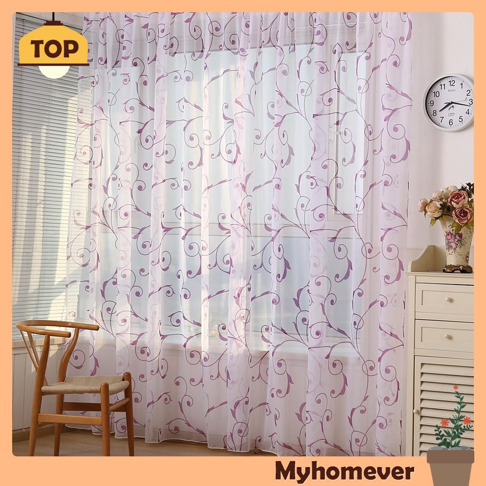 Transparent Voile Floral Print Curtains Bedroom Window Door Tulle
