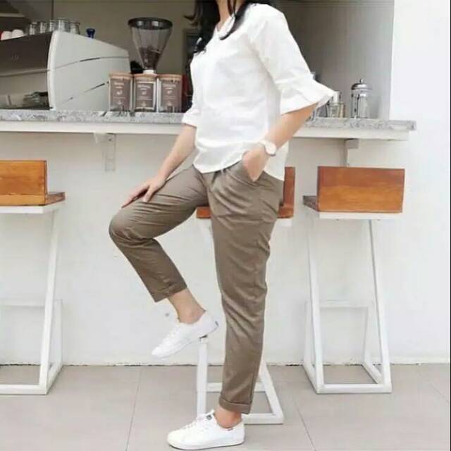 Baggy pants wanita full pinggang karet katun twill stretch melar celana wanita kekinian