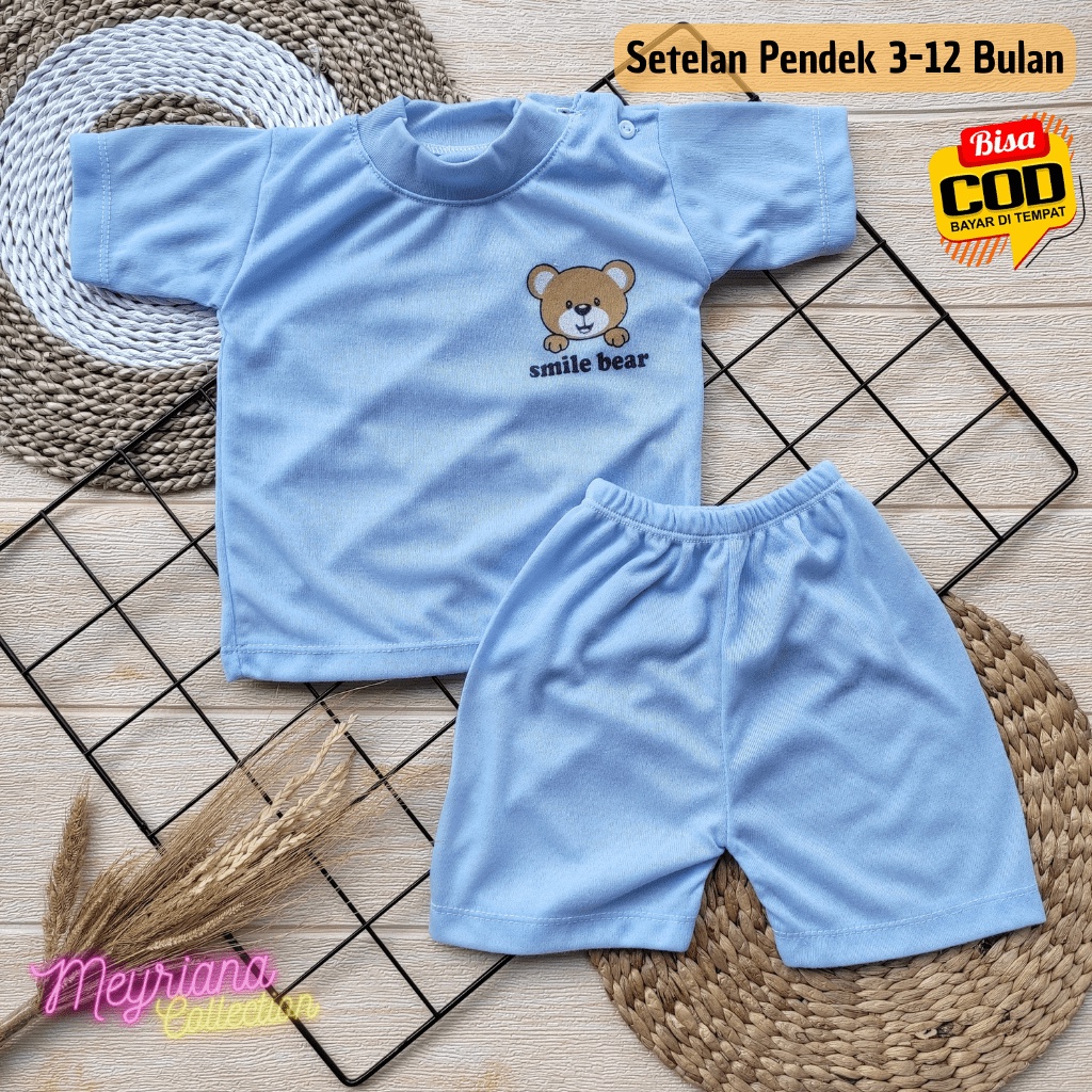 Setelan Baju Lengan Pendek Bayi Motip Smile Bear Anak Usia 3-12 Bulan Meyriana Collection