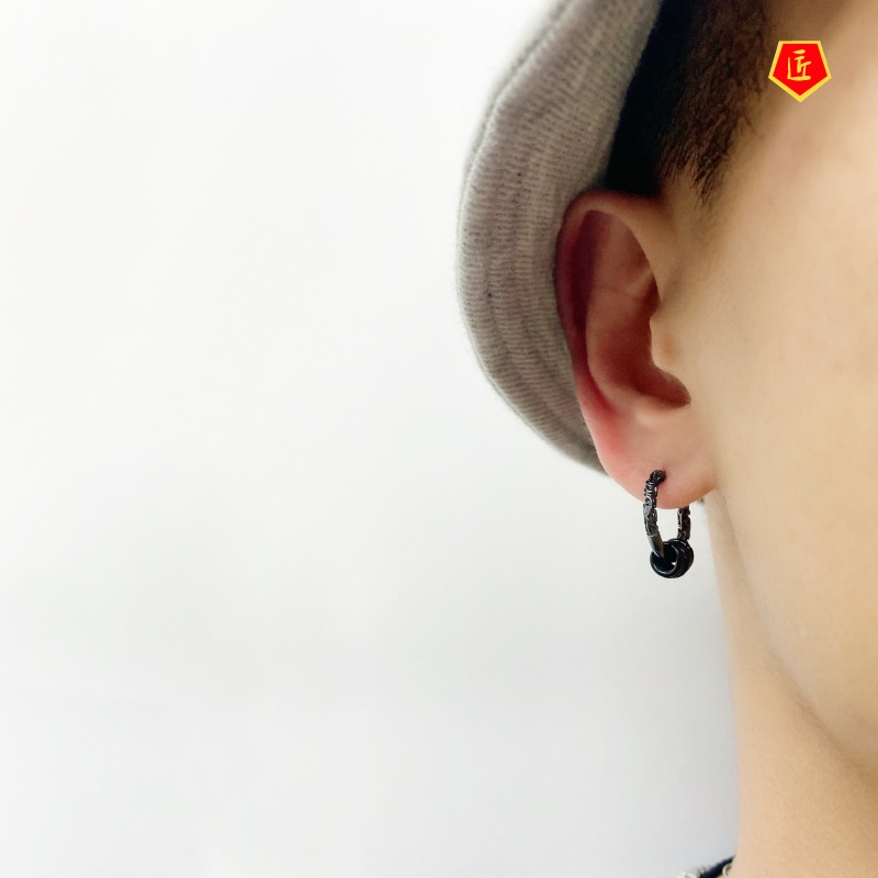 [Ready Stock]Silver Men's Black Gold Earrings New Fashion Hip Hop