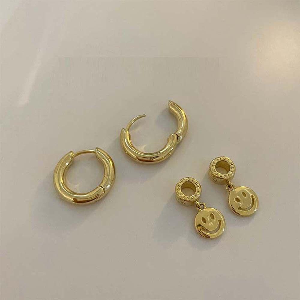 REBUY Rebuy Smiley Hoop Earrings Punk Keren Beruntung Sederhana Lingkaran Smiley Liontin Fashion Perhiasan Bulat Alloy Wanita Ear Studs