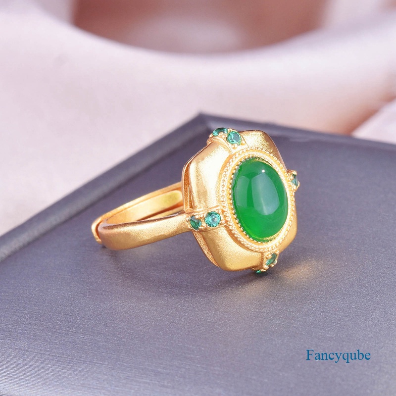 Fancyqube Cincin Wanita Warna Emas Hias Zircon Oval Hijau Gaya Vintage Klasik Minimalis Untuk Pernikahan