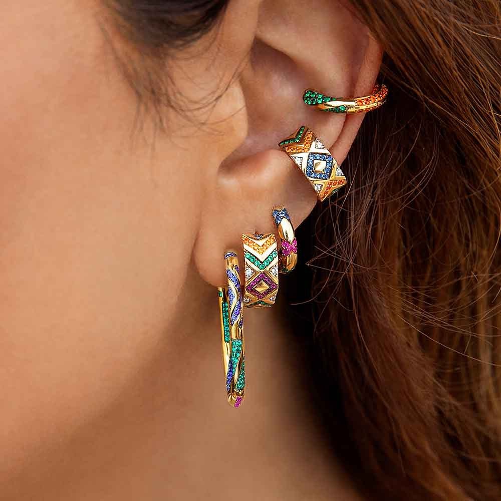 Retro Gaya Etnik Enamel Lingkaran Warna Diamond-studded Striped Ear Clip Earrings untuk Wanita