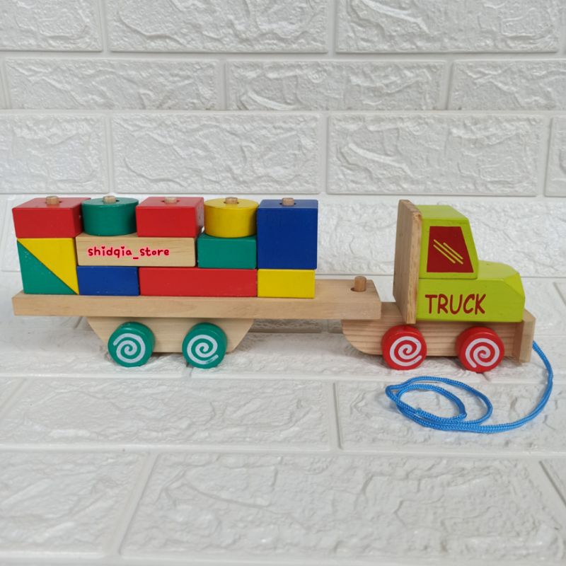 Mainan Edukasi Anak Kendaraan Mobil Mobilan Truk Balok Susun Geometri Wooden Block Truck Bahan Kayu Pinus Dapat Ditarik