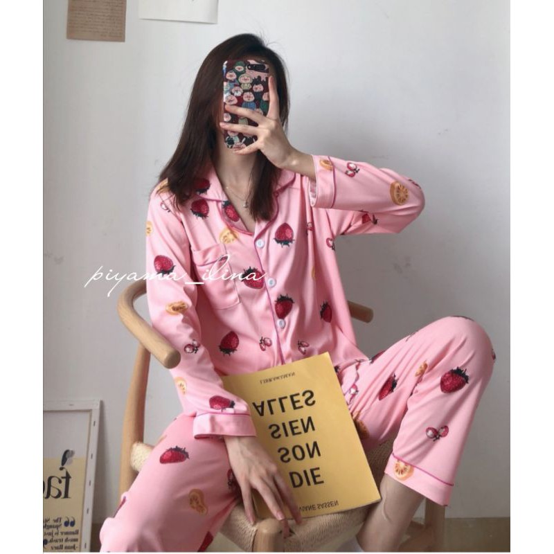 DW-45PP Piyama Wanita Dewasa/ Baju Tidur Wanita Bahan Kaos Import Motip strawberry