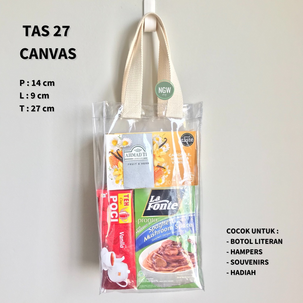 Tas mika PVC hampers handle canvas 14 x 9 x 27 goodie bag event premium