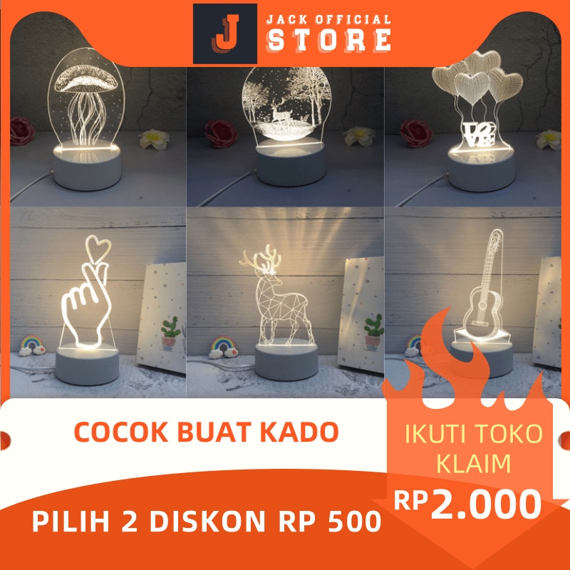 JACKSHOP LAMPU HIAS LED 3D / LAMPU TIDUR HIAS DIMENSI 3 WARNA PUTIH KUNING WARMWHITE LAMPU 3D LED KACA TRANSPARAN HIASAN PAJANGAN TUMBLR KAMAR TIDUR AESTHETIC