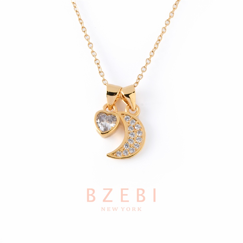 Bzebi Kalung Rantai Titanium Steel Lapis Emas 18k Liontin Hati / Bulan Sabit + Berlian Imitasi 991n