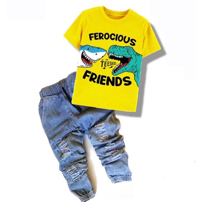 BAJU ANAK COWOK  DINO CELANA PJG JOGER DENIM 1-8 TAHUN SETELAN ANAK LAKI MERAH DINO