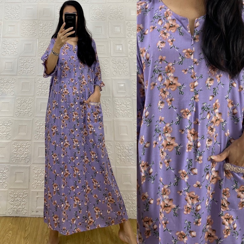 daster tangan 3/4 /tangan 7/8 / busui/panjang viral jumbo /long daster/daster 3/4 /homedress/daster semata kaki/daster gamis-Tk flower lilac