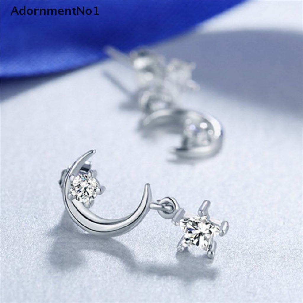 (AdornmentNo1) Anting Gantung Panjang Tusuk Lapis Silver Motif Bulan + Bintang + Kristal Untuk Perhiasan Wanita