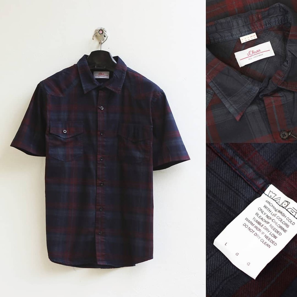 Kemeja Pria Branded S'Oliver short shirt plaid Maroon