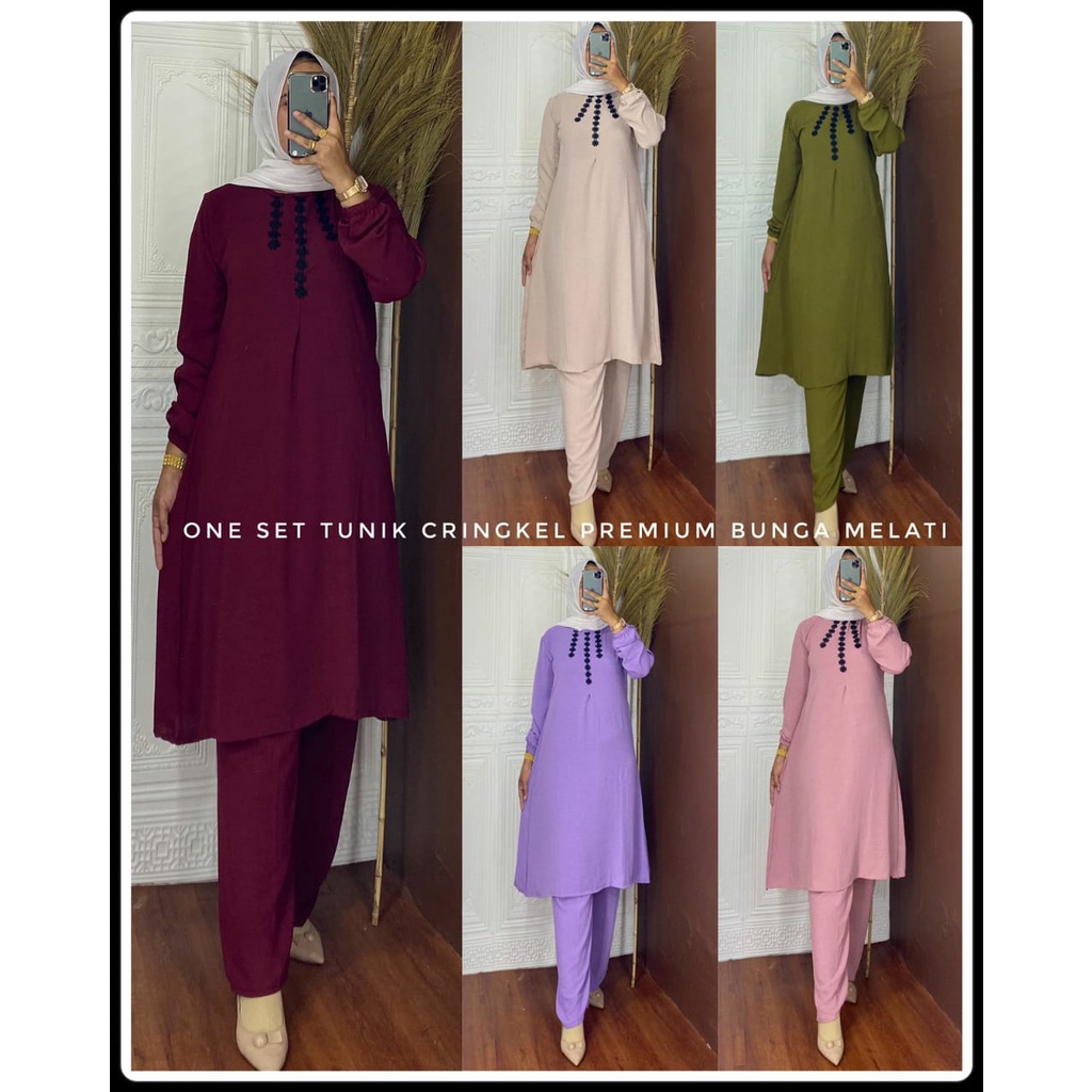 COD - ONE SET TUNIK PAKAIAN WANITA MUSLIM RENGKEL RENDA PREMIUM