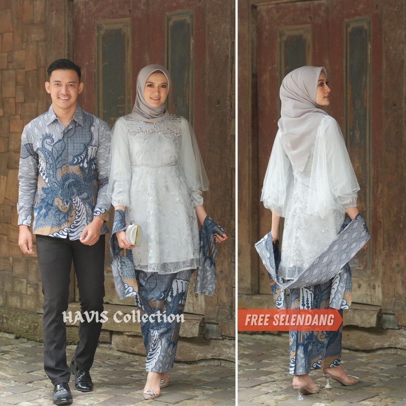 Luna Grey Kebaya Couple Wisuda Modern Setelan Kebaya Brokat Batik Tunangan Lamaran Kondangan Terbaru Havis Collection