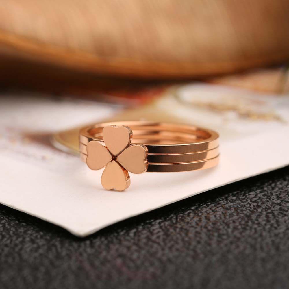 Mxbeauty Cincin Semanggi Empat Daun Elegan Vintage Hati Cinta Hati Warna Rose Gold Peach Heart Women Rings