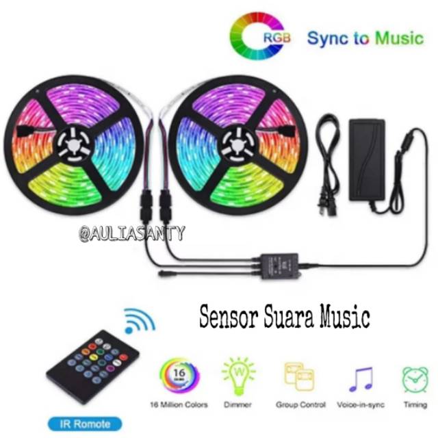 Paket Lampu Led Strip Rgb 5050 10M IP44 SENSOR SUARA MUSIC 10 meter Warna Warni Set Adaptor DIY